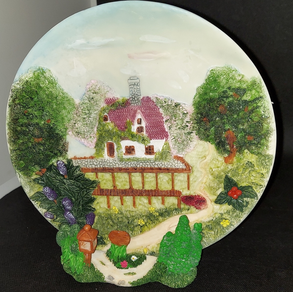 Decorative Wall Hanging 3-D Plate English Cottage Countryside W/ Stand #rosanne